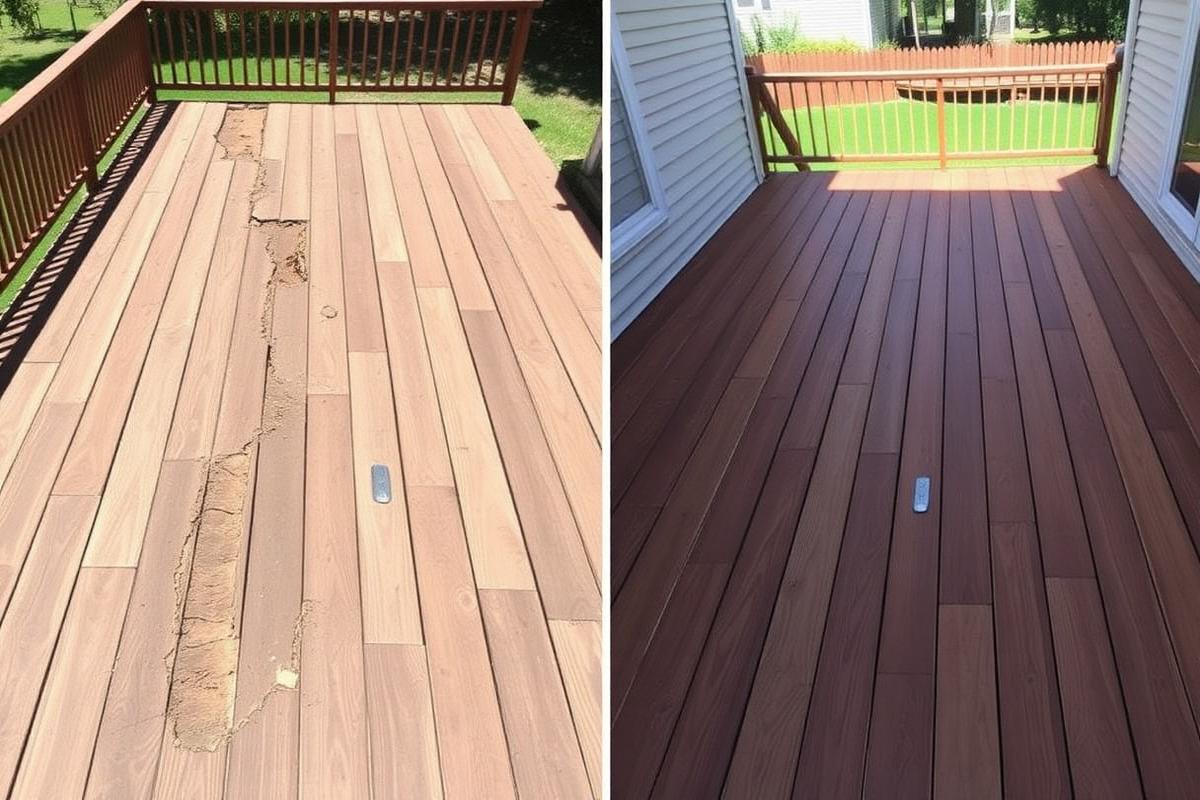Before and after dry rot repair to a residential deck in Orange County, California