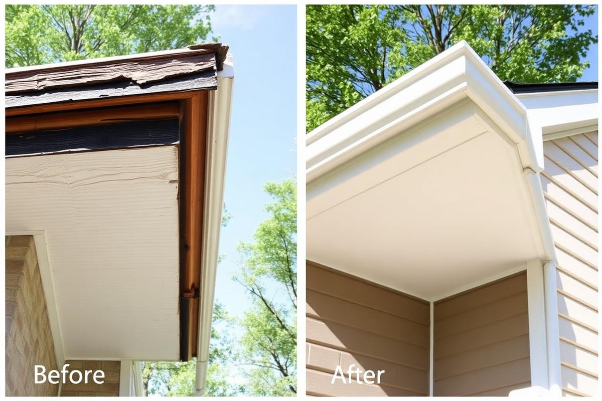 Before and after termite damage repair to fascia board on an Orange County, California home