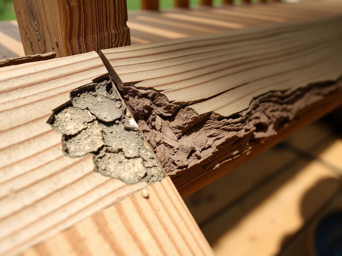 Dry rot damage on a deck board being inspected for repair in Orange County, California